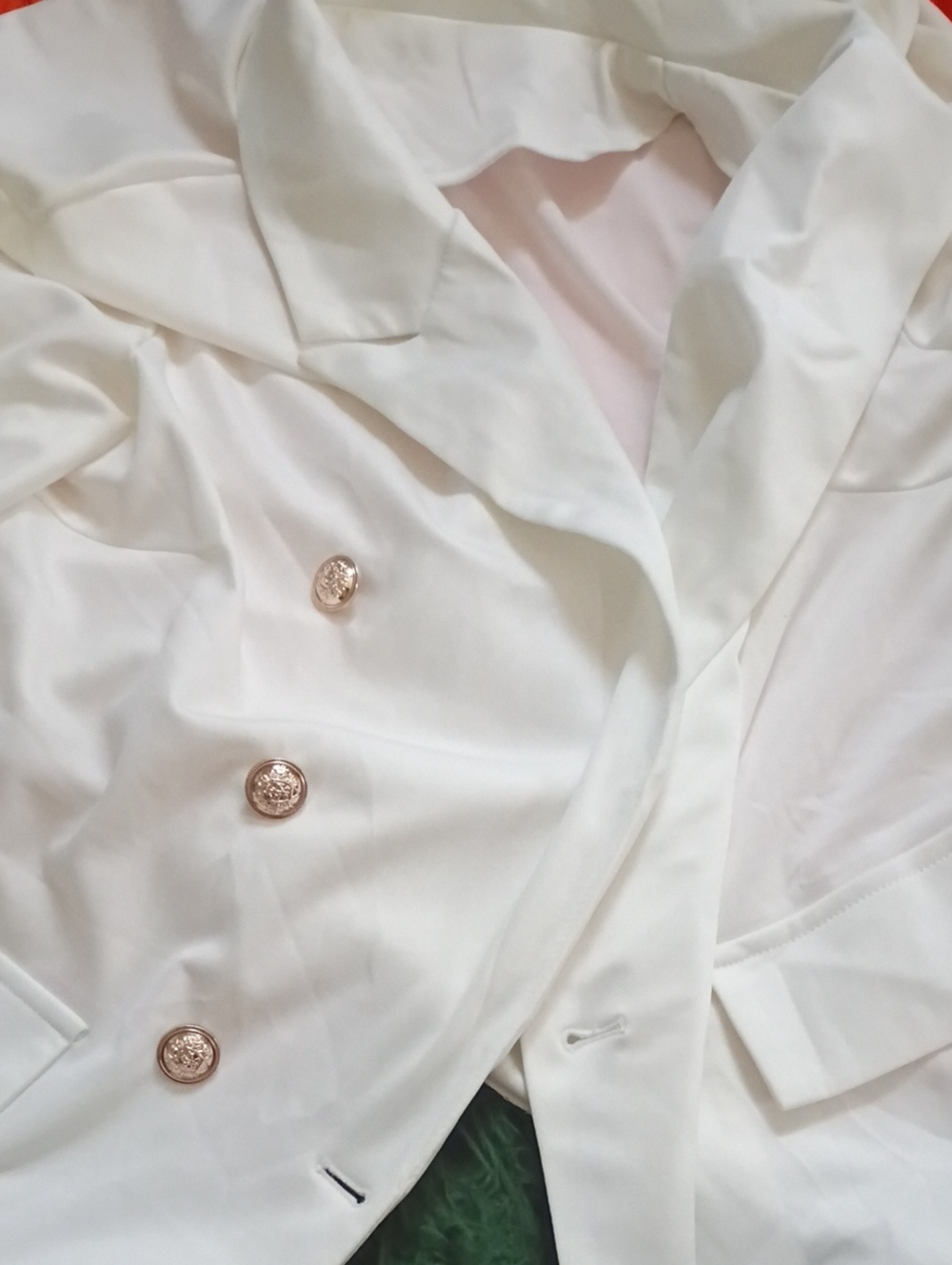 SHEIN White Double-Breasted Blazer with Gold Buttons suit pant elastic waist.